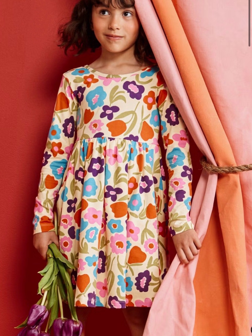 Hanna andersson Girls Cream Floral Long-Sleeve Dress 3T